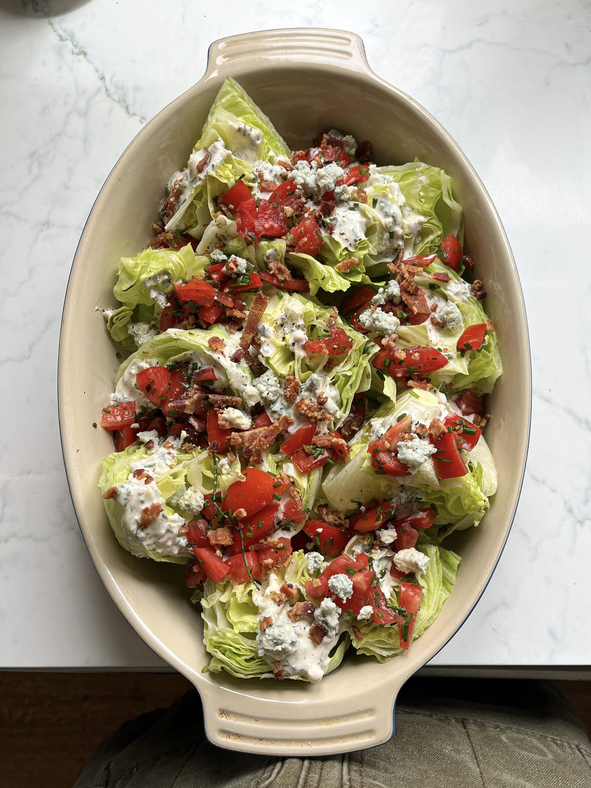 Wedge salad with blue cheese, bacon, and tomato